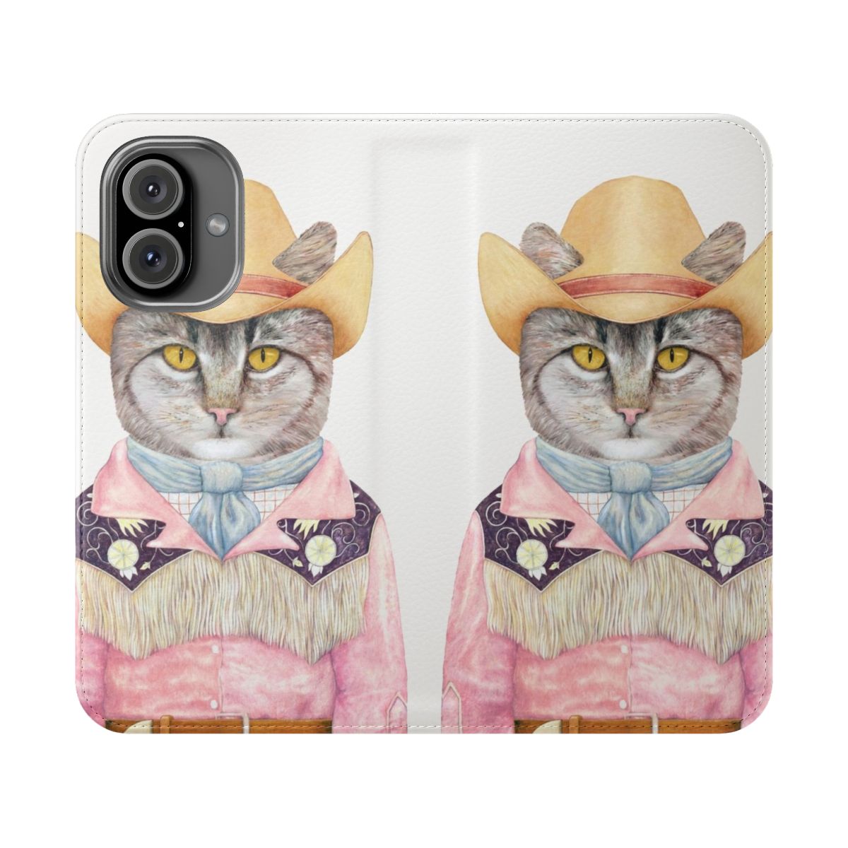 Stylish flip phone case featuring a cartoon cat wearing a cowboy hat and bandana