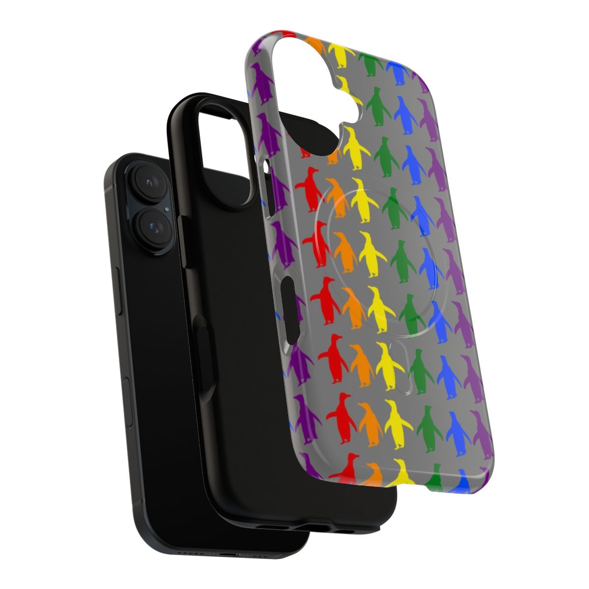 Grey phone case with a background of colorful LGBTQ+ pride penguins - Layers