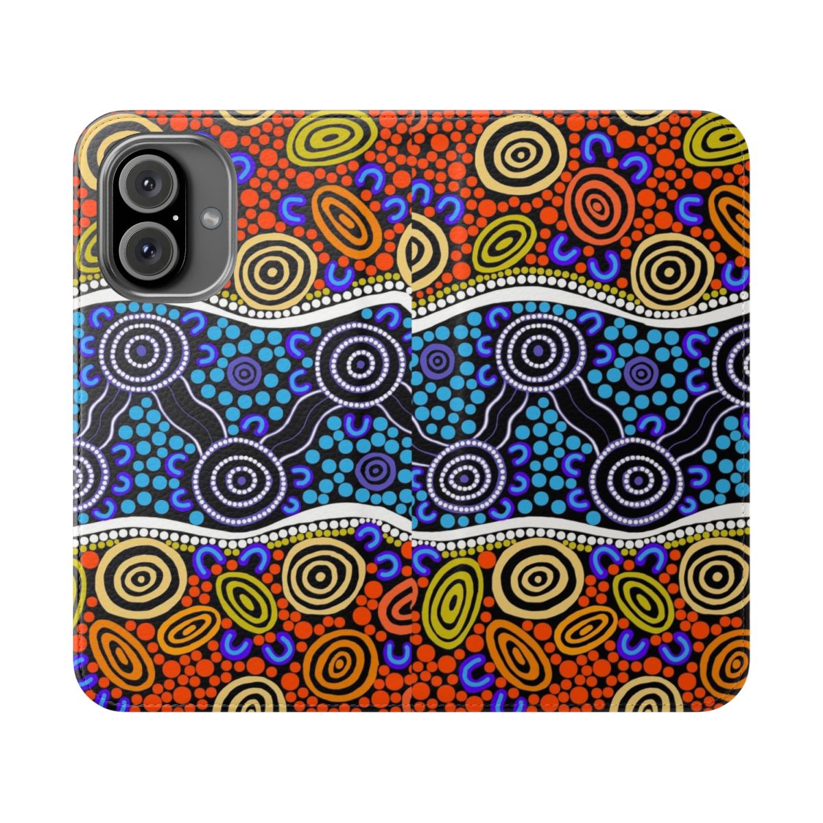 Vibrant phone case featuring authentic aboriginal-inspired dot art design with kangaroos and emus in blue and ochre colors.