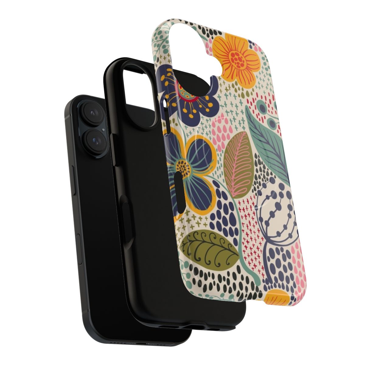 A phone case featuring a secret garden floral pattern in navy blue and yellow. - Layers