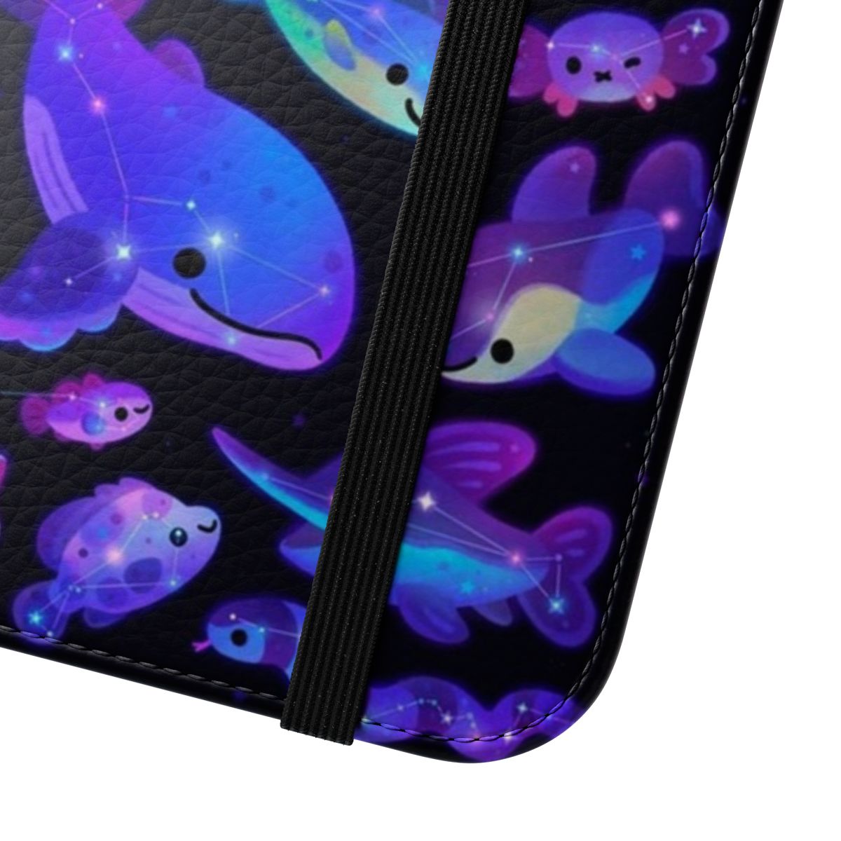 Flip cover phone case featuring a design with ocean constellations, marine life, and a starry night sky. - Close Up