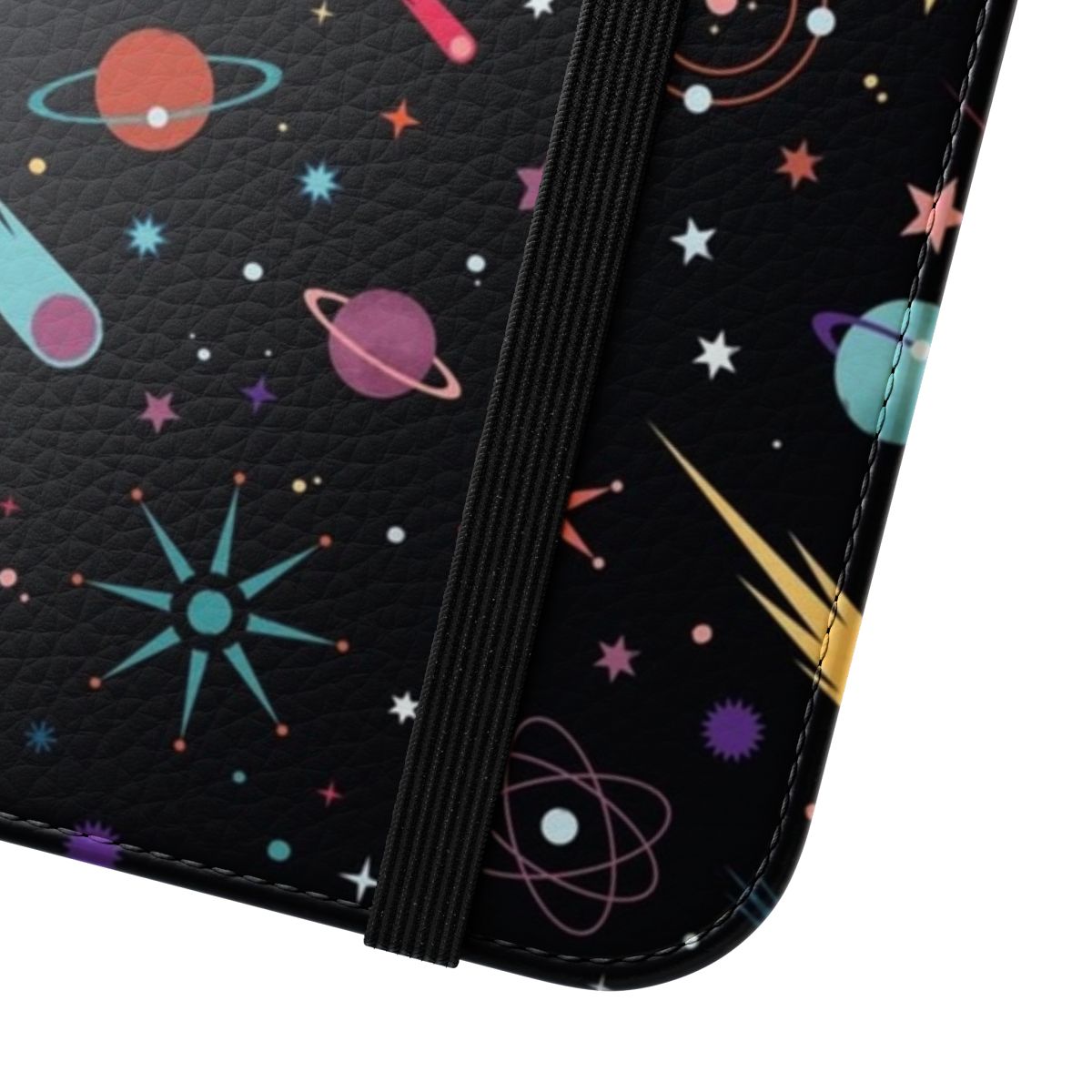 Colorful cosmic and galaxy-themed flip phone case with retro and mid-century modern design elements. - Close Up