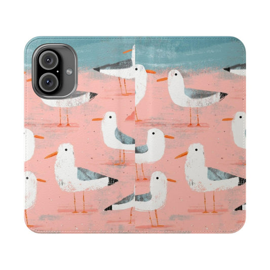 Vibrant digital art design featuring seagulls soaring over a beachfront landscape on a smartphone flip cover case.