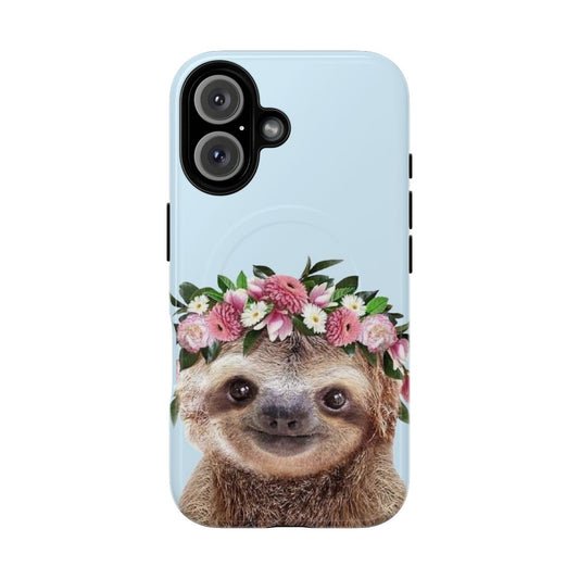 Colorful floral phone case with a spring sloth wearing a flower crown