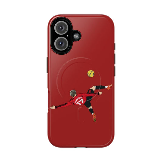 Minimalist soccer phone case design featuring Alejandro Garnacho's bicycle kick overhead goal