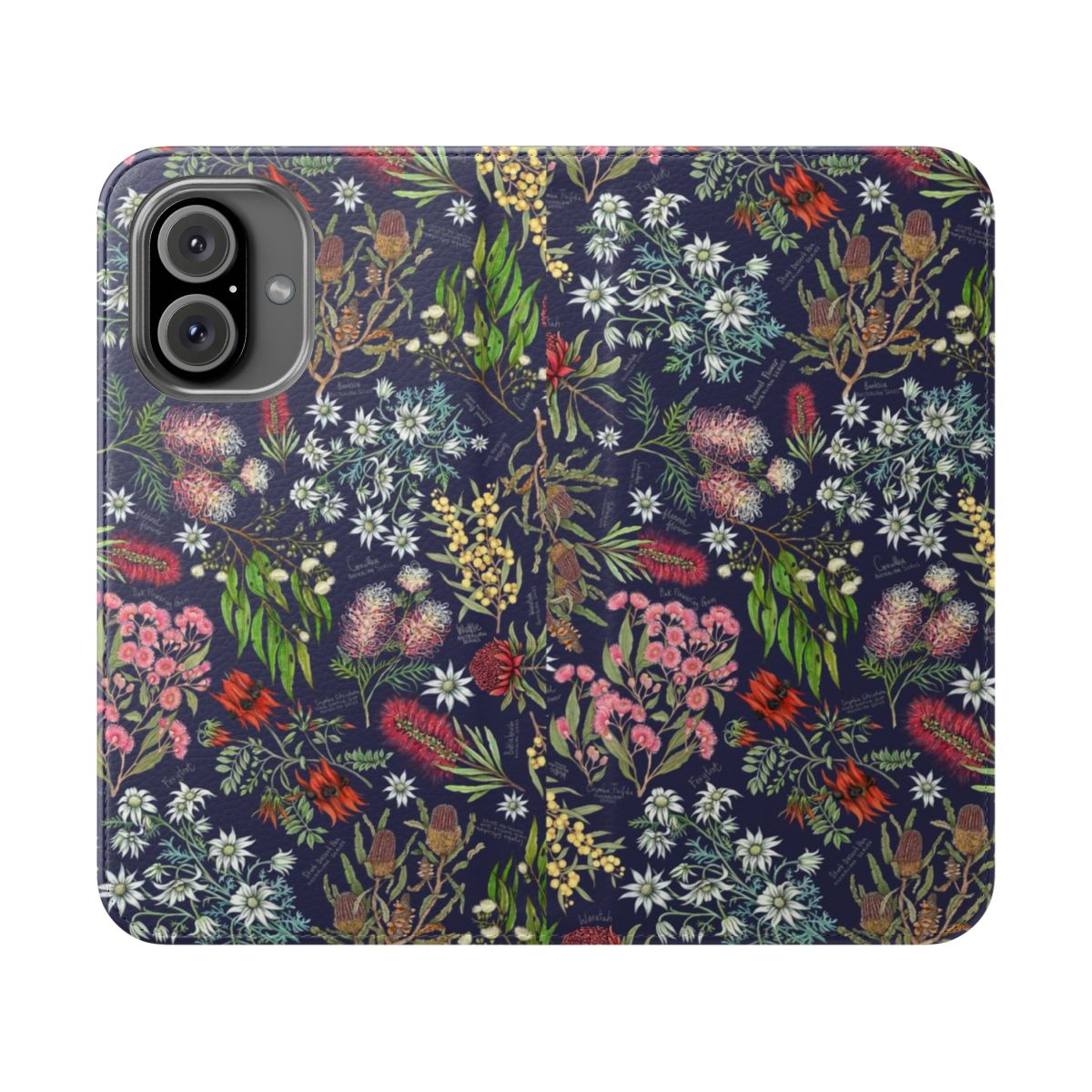 Navy blue phone case featuring a hand-drawn floral design with native Australian botanical illustrations