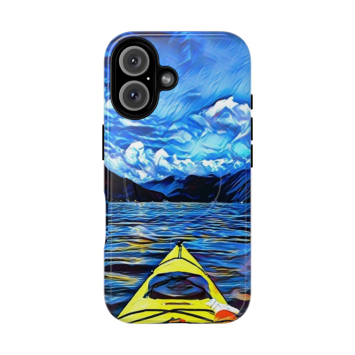 Vibrant blue phone case with scenic landscape design