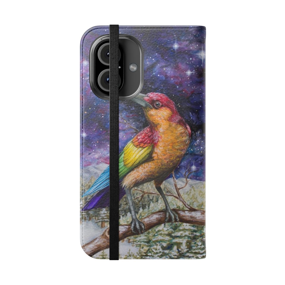 Colorful flip cover phone case featuring a detailed rainbow crow design - Folded Front