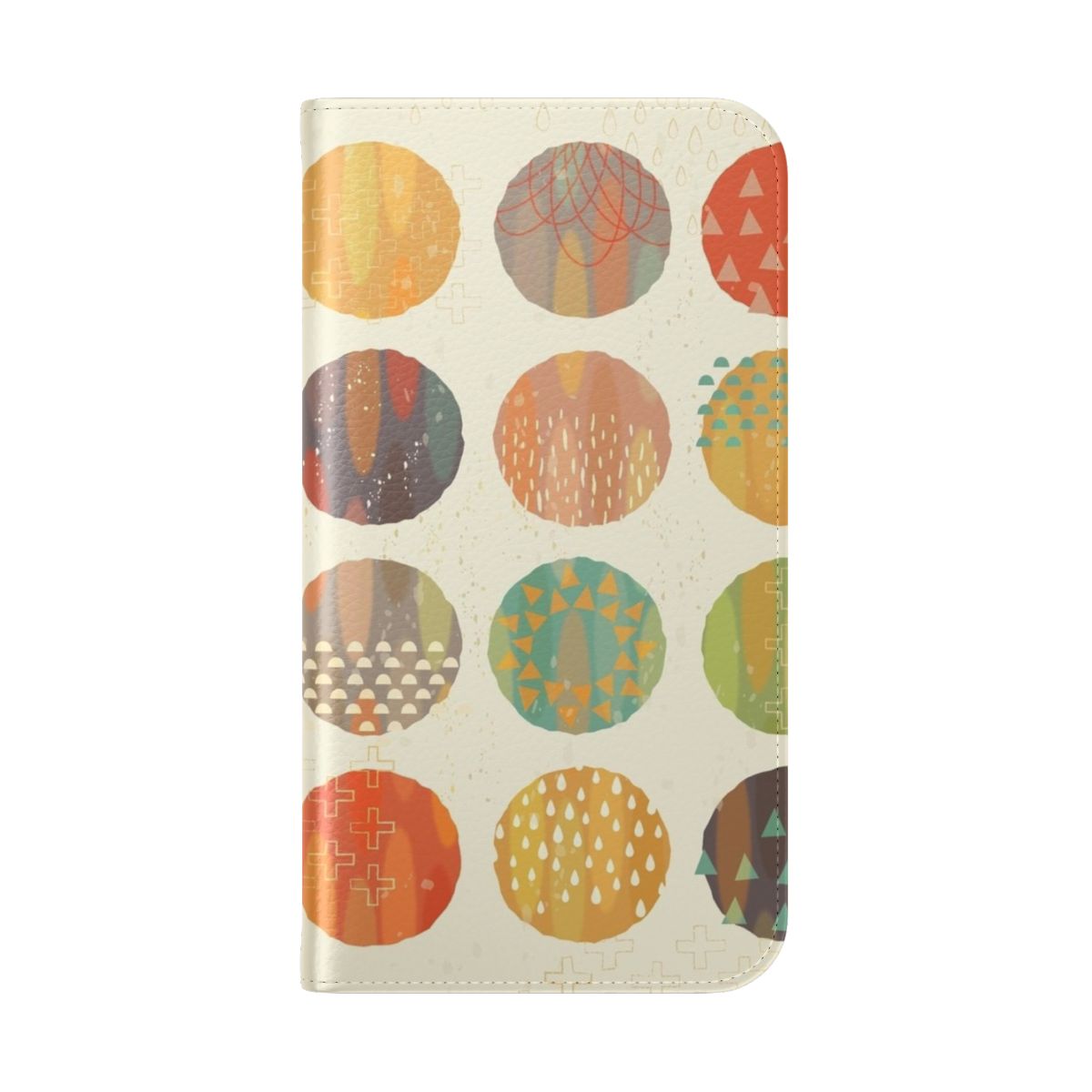 Vibrant and abstract phone case featuring a geometric pattern of celestial bodies and planets. - Folded Back