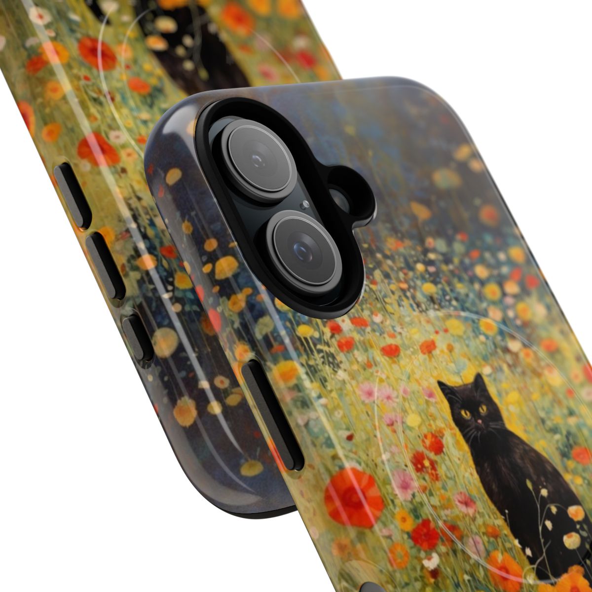 Magnetic phone case with a vintage-inspired design featuring a black cat in a garden of flowers, inspired by the art of Gustav Klimt. - Detail