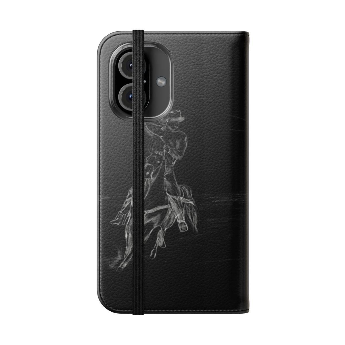 A flip phone case featuring a pencil drawing of a cowboy roping a horse. - Folded Front