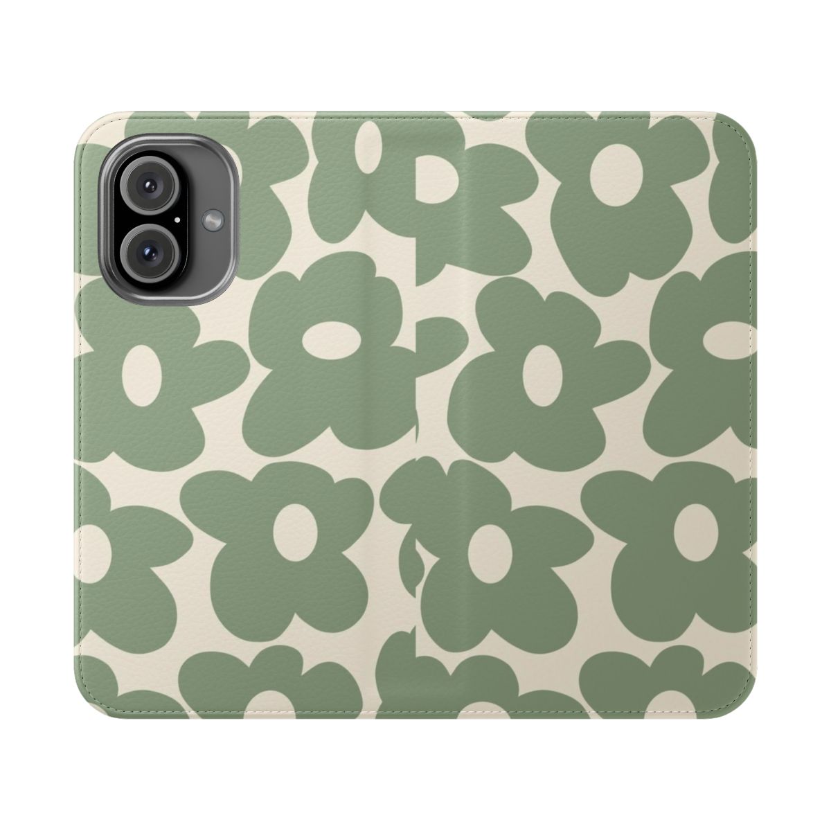 Sage green phone case with groovy, retro-inspired floral design