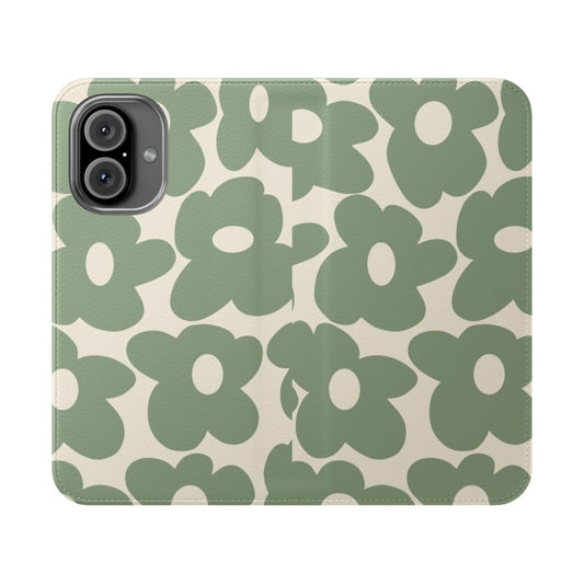 Sage green phone case with groovy, retro-inspired floral design