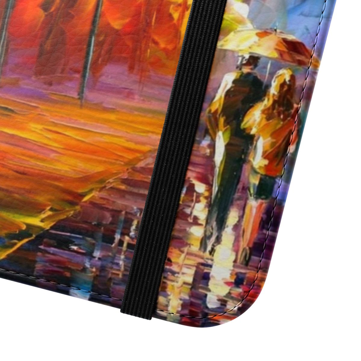 Vibrant landscape phone case with colorful Afremov-style artwork depicting a foggy forest scene - Close Up