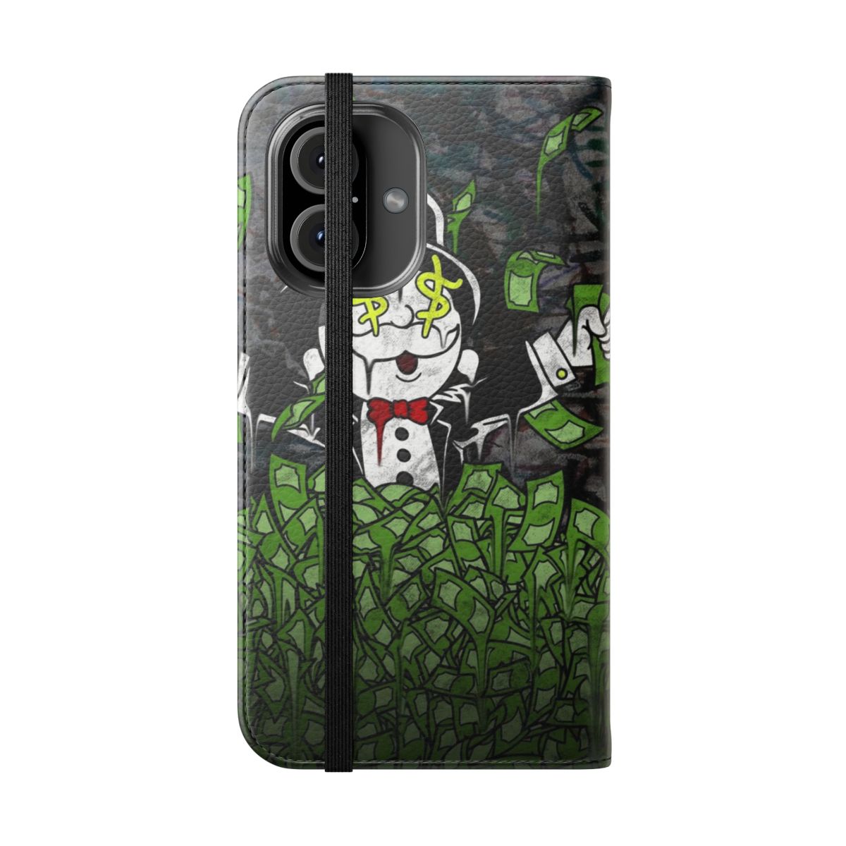 Artistic Monopoly-themed flip phone case with a street art inspired design - Folded Front