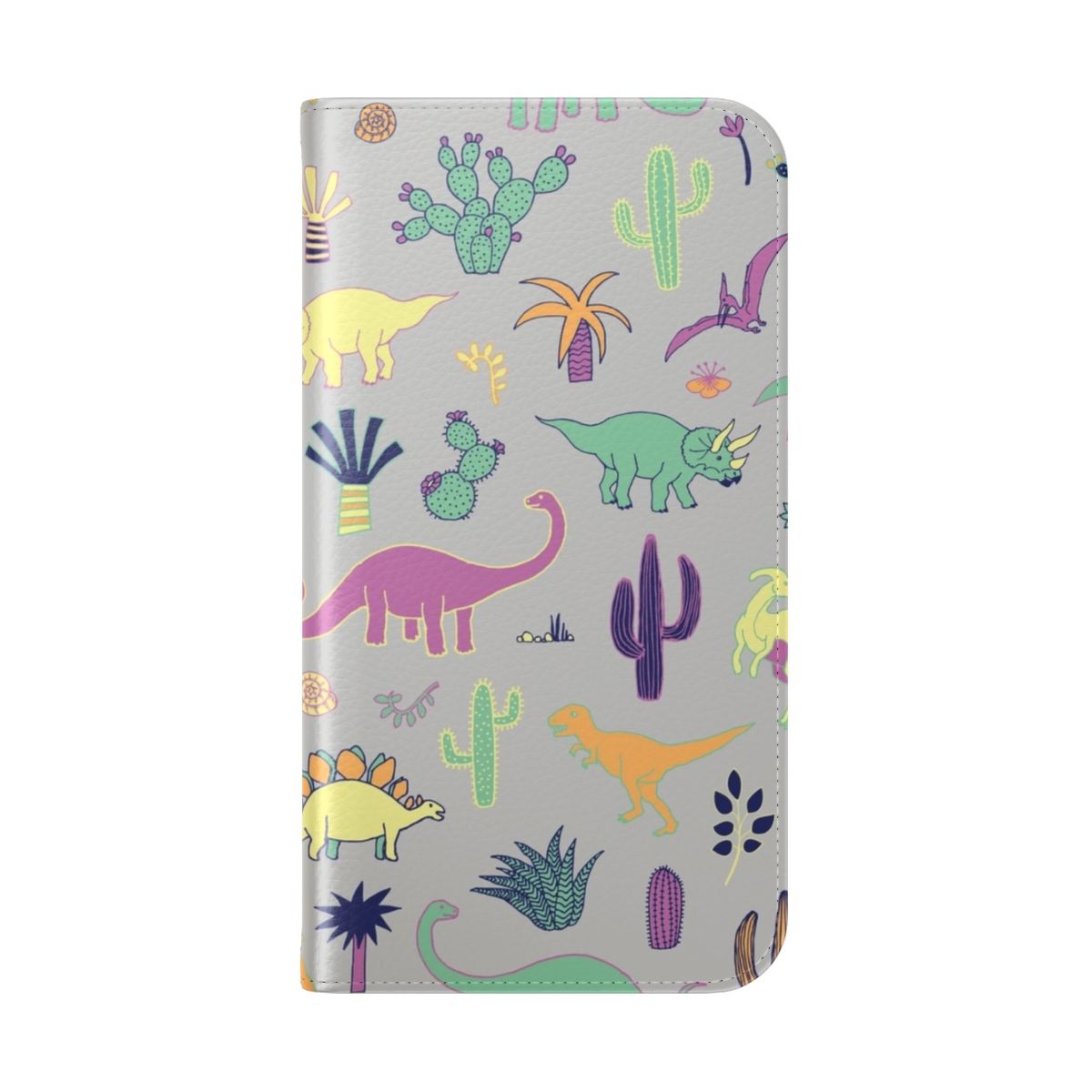 Colorful phone case with a dinosaur and desert pattern in pastel colors - Folded Back