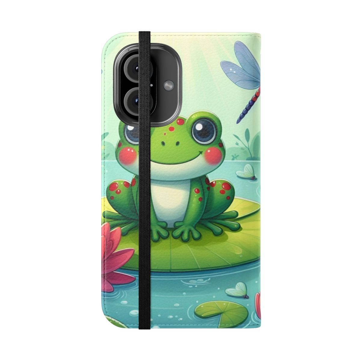 Whimsical frog-themed flip phone case with a ghibli-inspired design - Folded Front