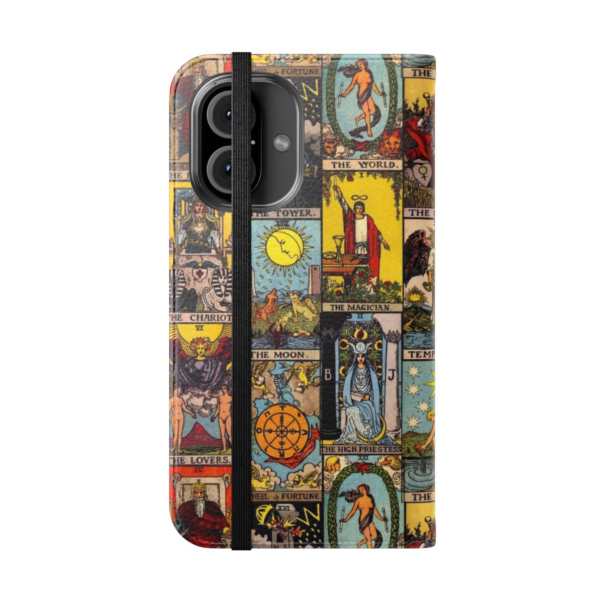 Flip phone case featuring the Major Arcana tarot card imagery in a vintage Rider-Waite-Smith style design. - Folded Front