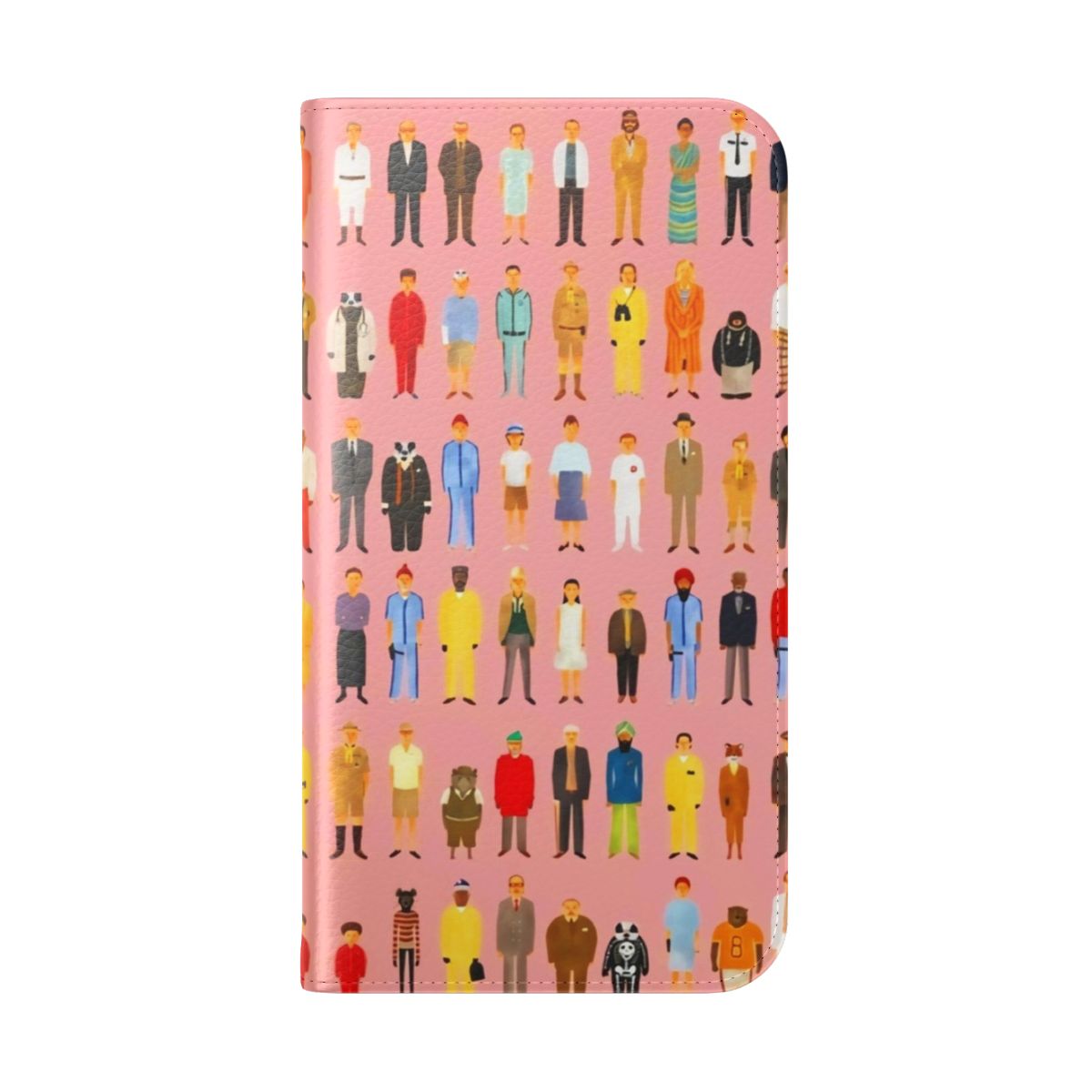 Pastel-colored flip phone case featuring characters from Wes Anderson films - Folded Back