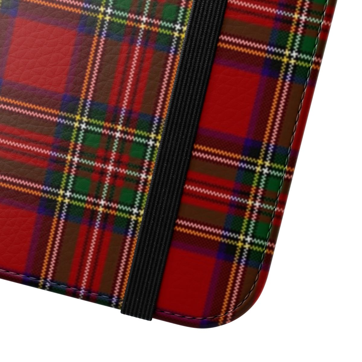 Stylish Scottish plaid pattern flip phone case in durable red and black cloth material - Close Up