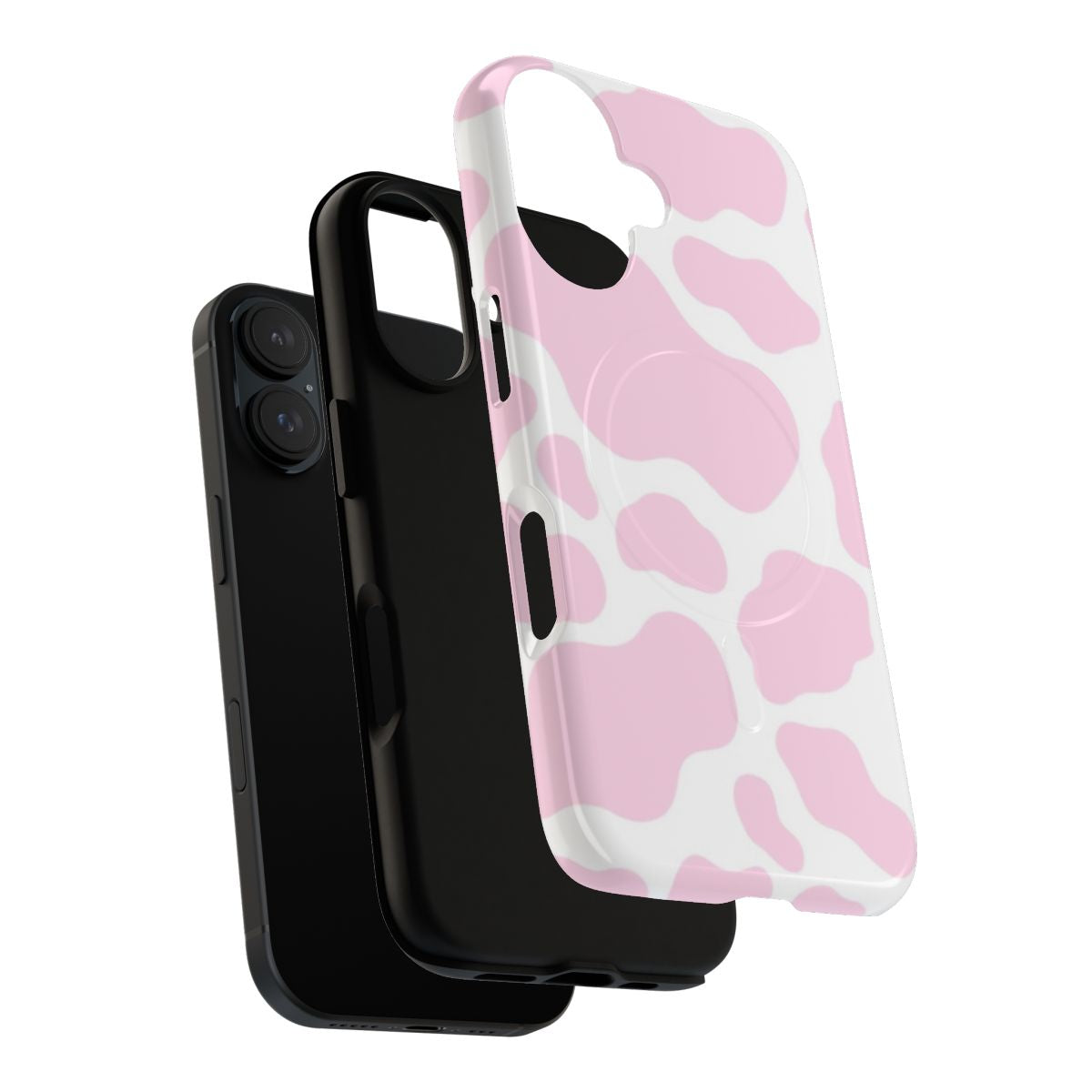 A pink cow print phone case with a magnetic tough design. - Layers