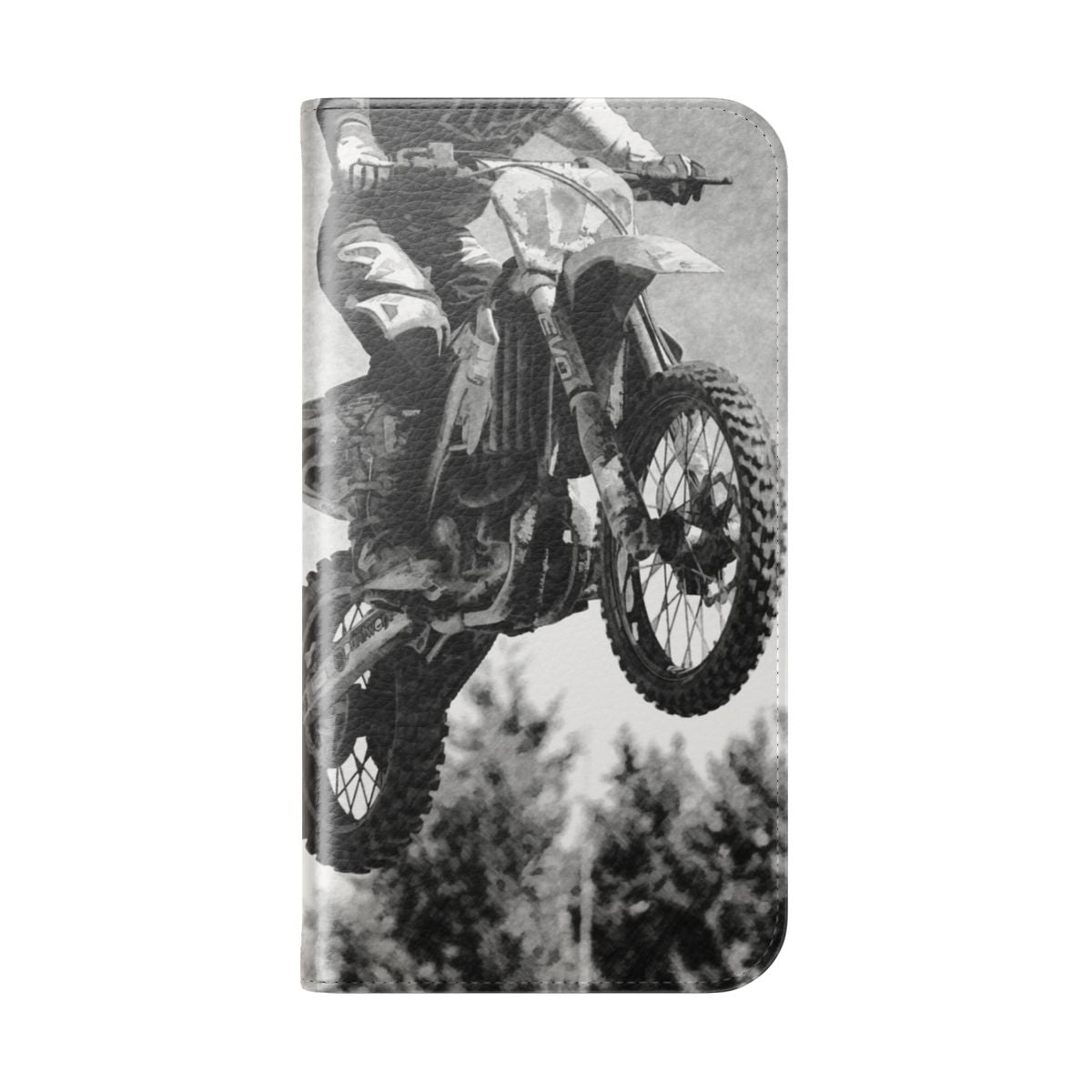 Motocross racer riding a dirt bike on a racetrack with the Motocross Racer Flip Cover Phone Case - Folded Back