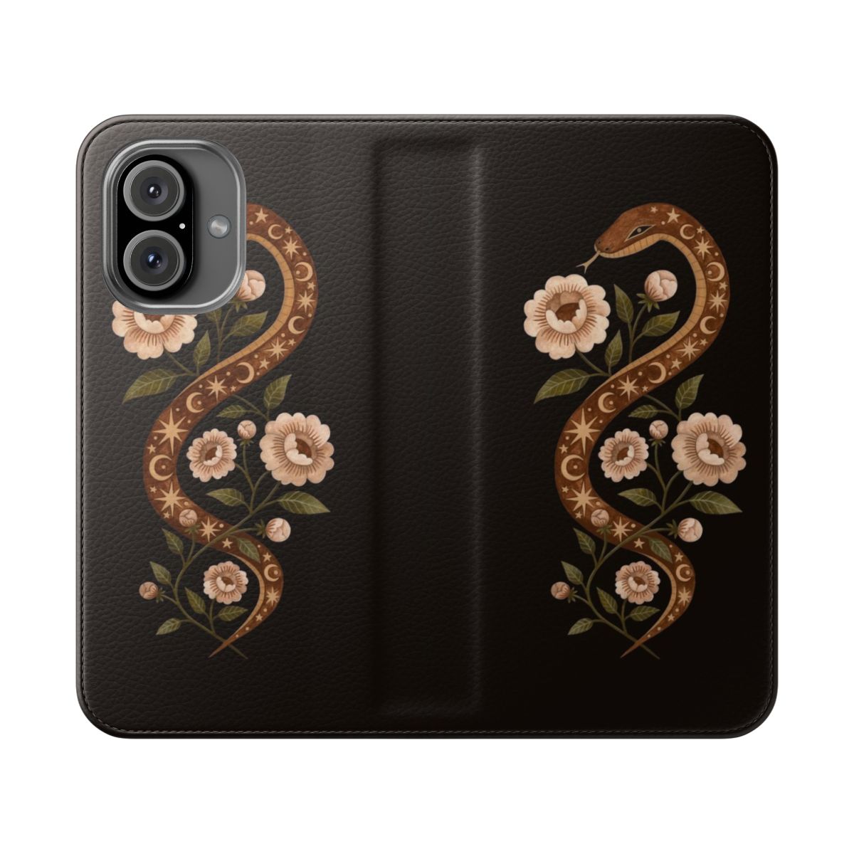 Flip phone case featuring a mystical serpent in a floral, natural design