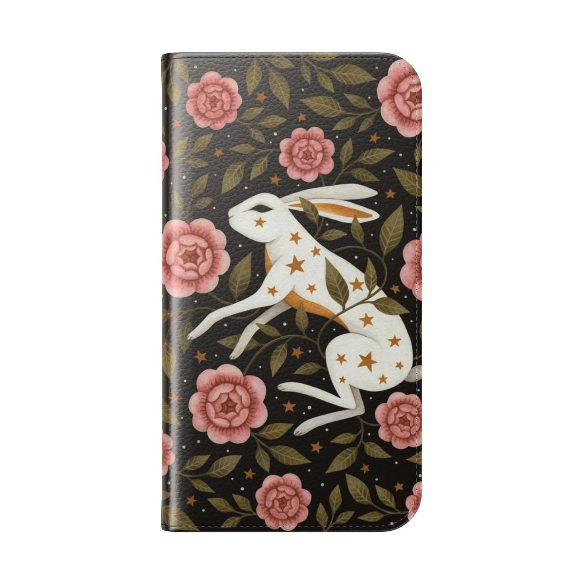 Enchanted whimsical phone case with rabbit, flowers, and starry designs - Folded Back