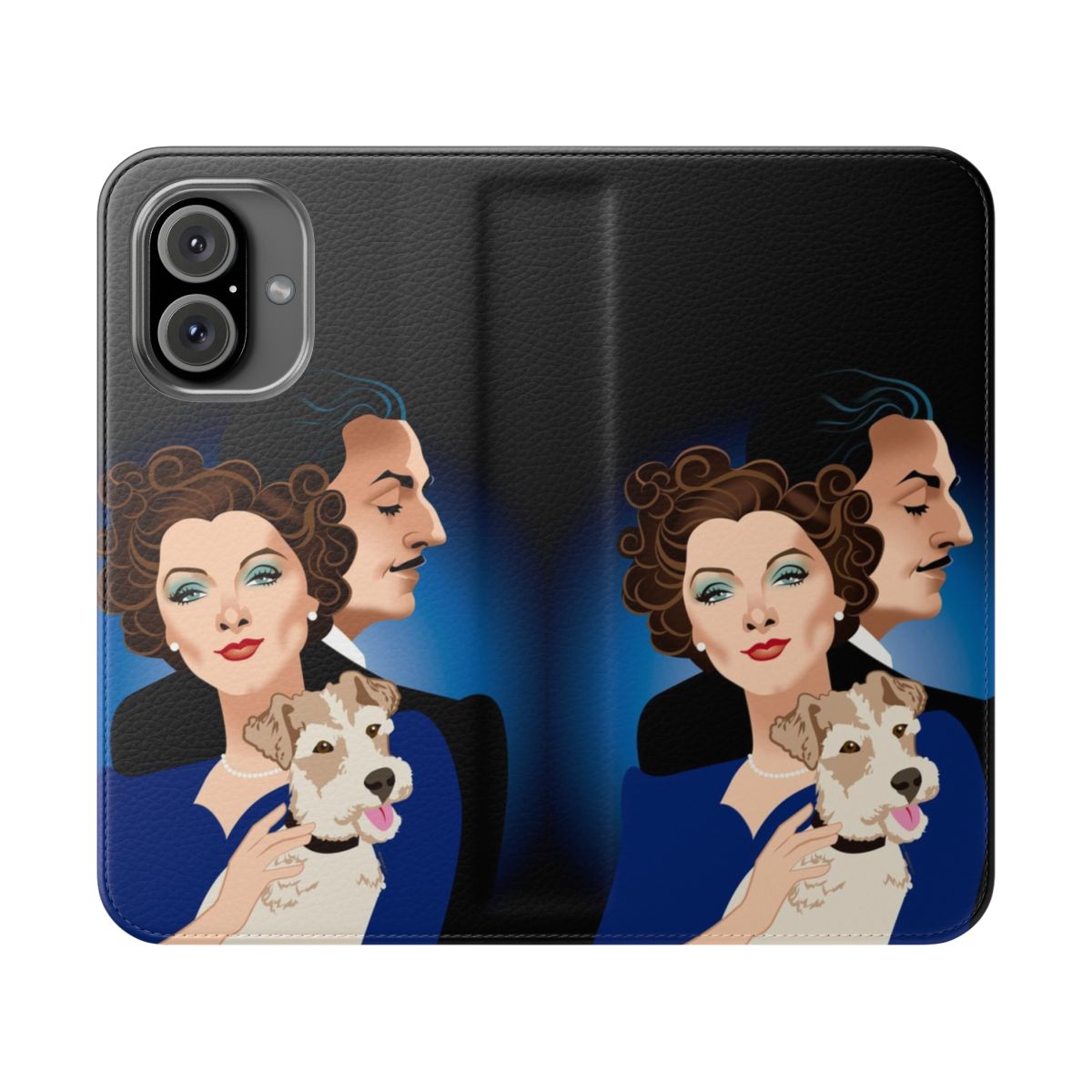 Flip phone case with artwork of a vintage Hollywood detective couple and their fox terrier companion