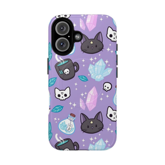 Magnetic phone case with a pastel purple design featuring a witch cat, herbs, and crystals