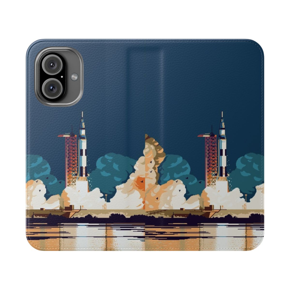 Pixel art phone case featuring an illustration of the Apollo 11 launch and spacecraft