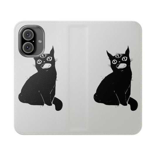 A unique phone case featuring a black cat with a third eye, in a gothic, occult style.