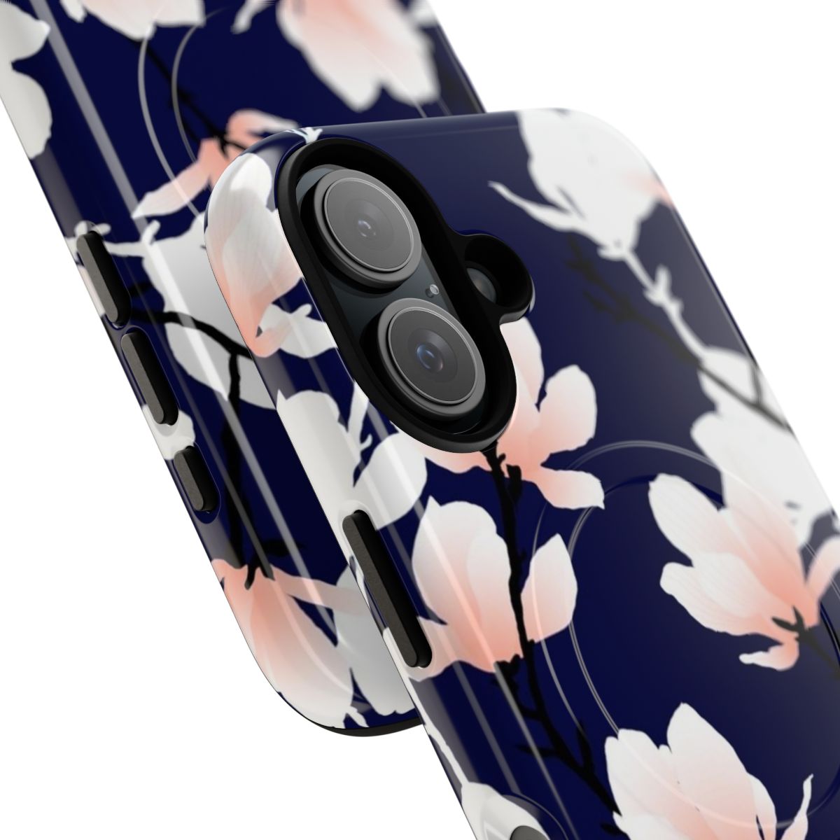 Magnolia midnight floral pattern on a magnetic tough phone case - Detail