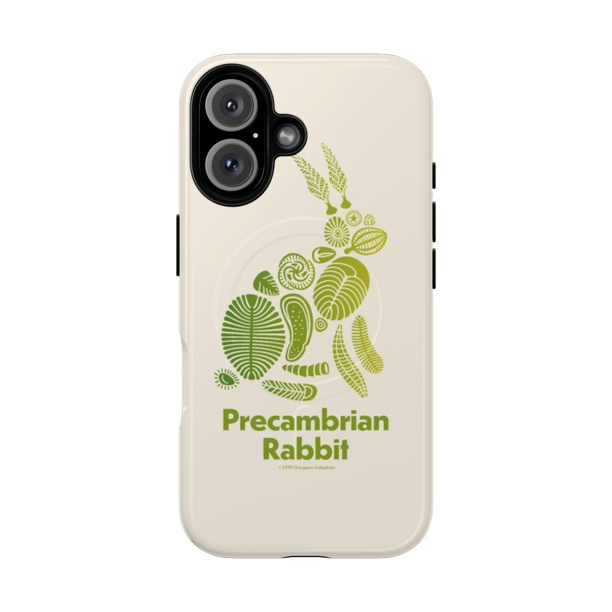 Magnetic tough phone case featuring a green gradient design with a prehistoric rabbit fossil illustration