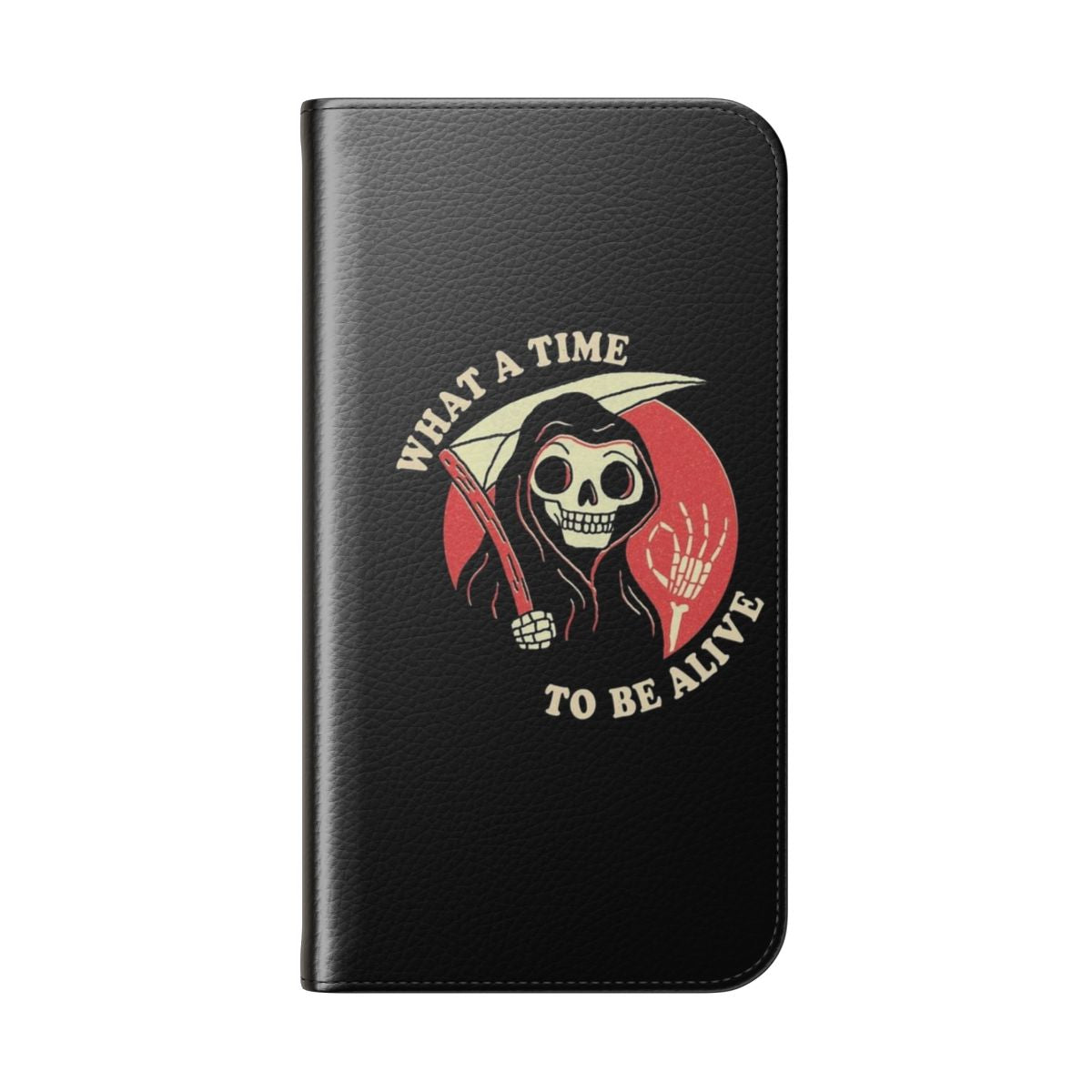 Retro vintage styled flip cover phone case with a grim reaper character design - Folded Back