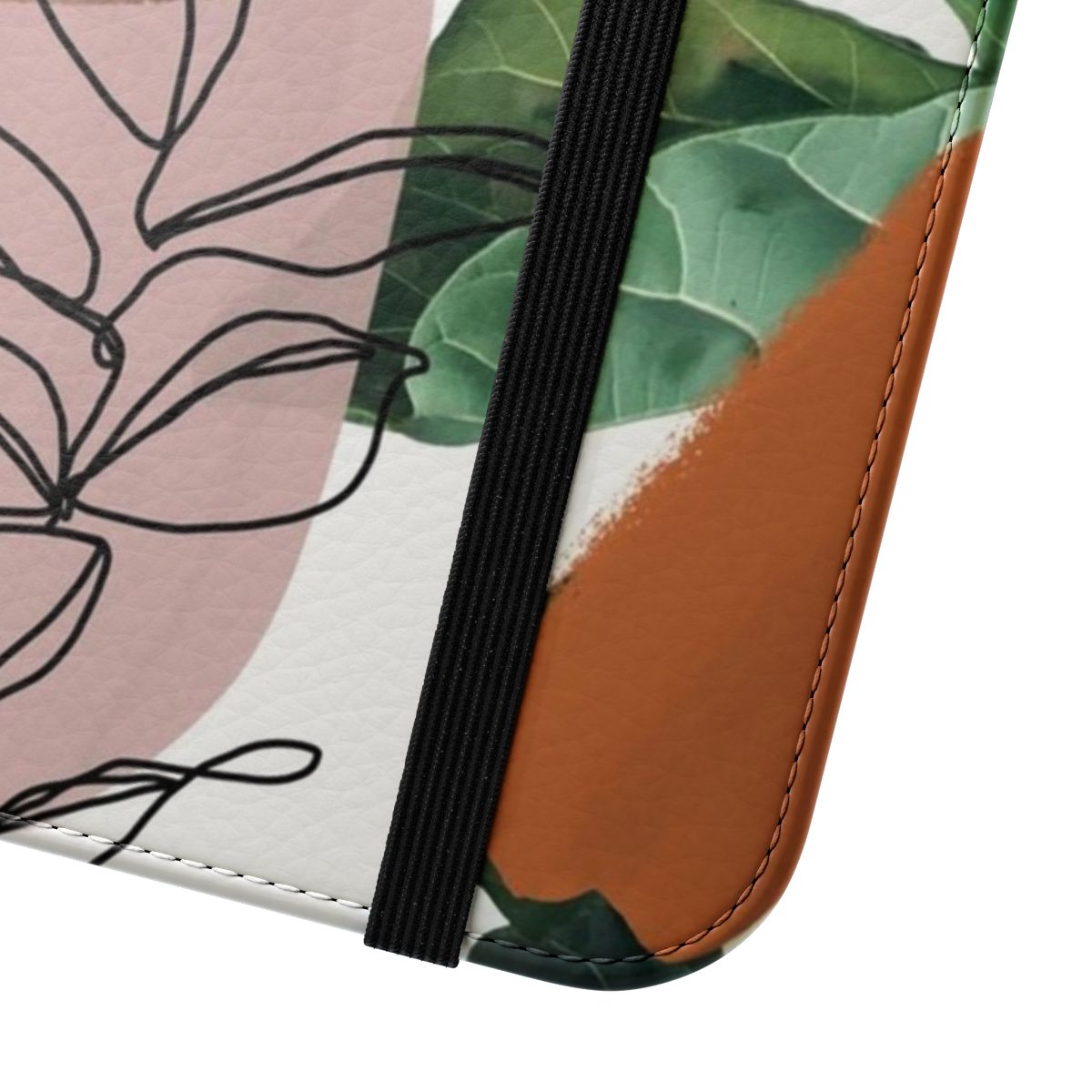 A minimalist flip cover phone case with abstract nature-inspired designs, featuring leaves, geometric shapes, and a modern, rustic aesthetic. - Close Up