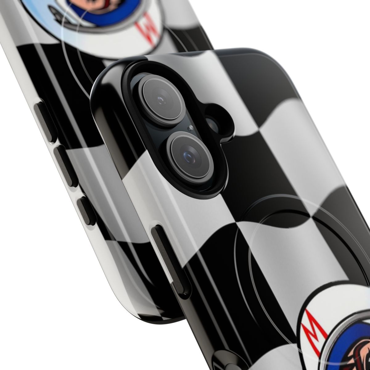 Checkered flag themed magnetic and tough phone case with speed racer, mach 5, racer x, and trixie inspired design elements. - Detail