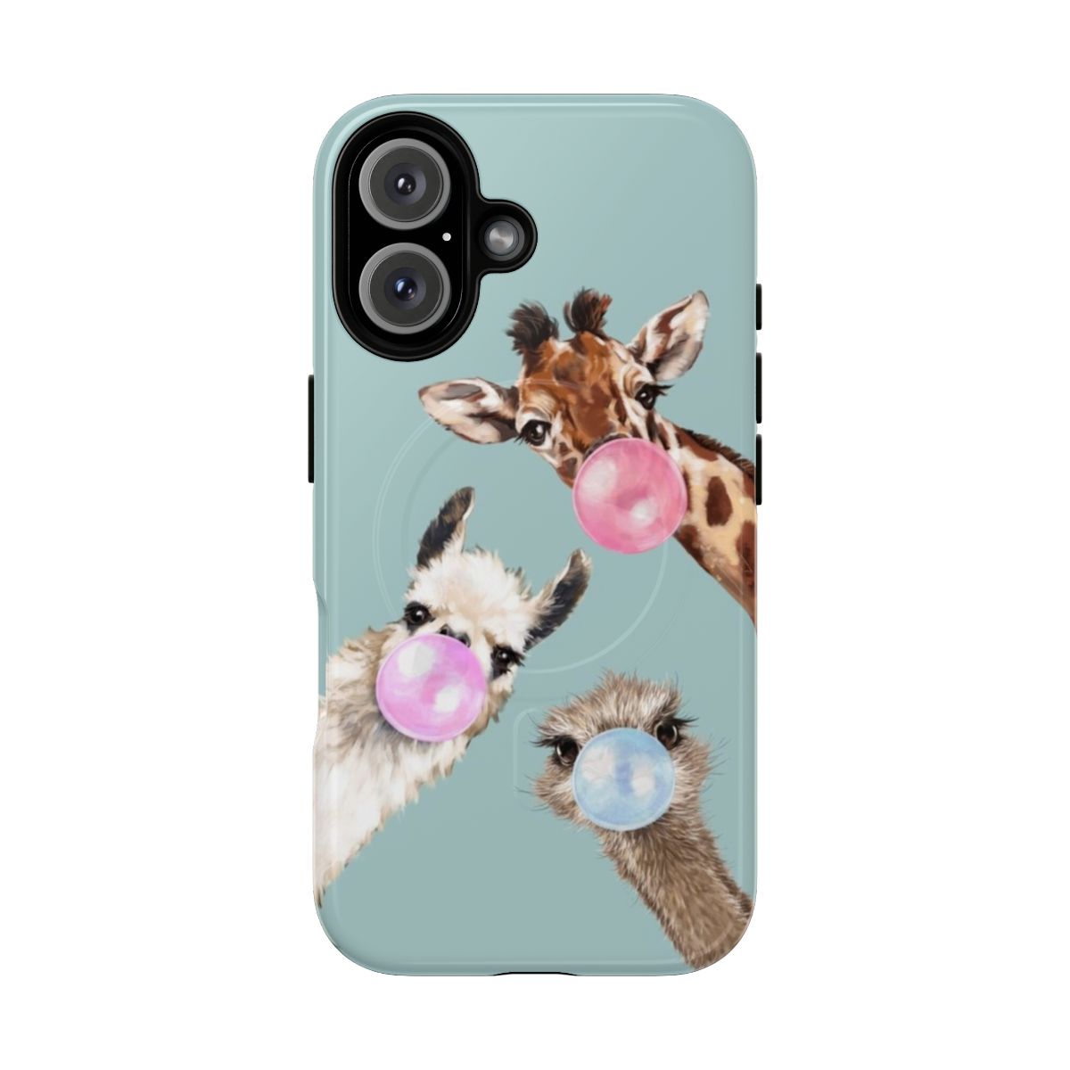 Colorful phone case featuring a playful design with llamas, ostriches, and giraffes