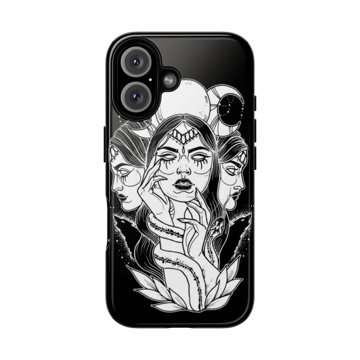 Hekate and Hecate-inspired magnetic tough phone case with triple moon and underworld symbols