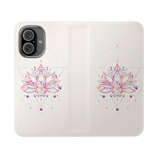 Colorful flip cover phone case with lotus flower, mandala, and geometric designs