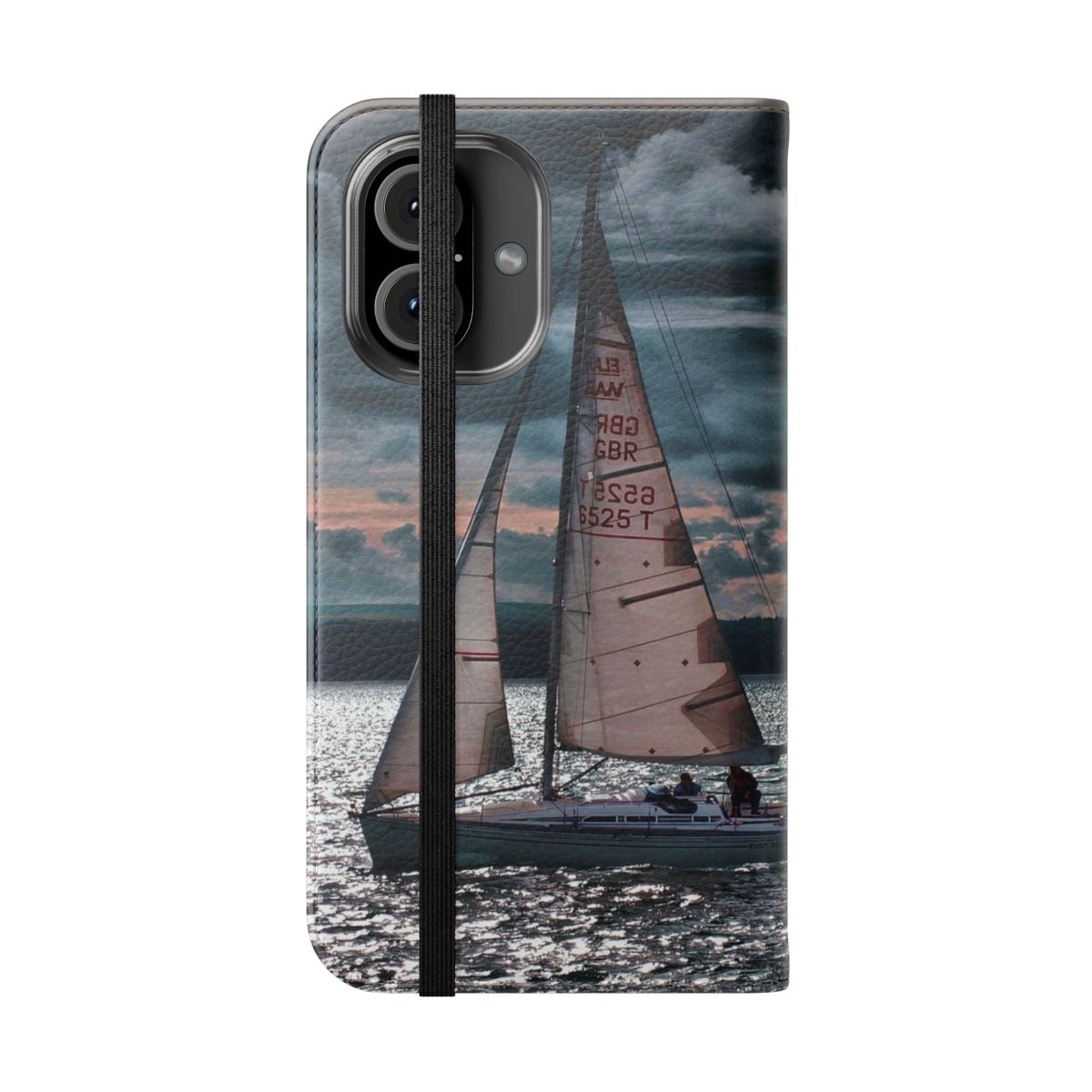 Vibrant phone case featuring a beautiful sunset over the ocean with a sailing boat - Folded Front