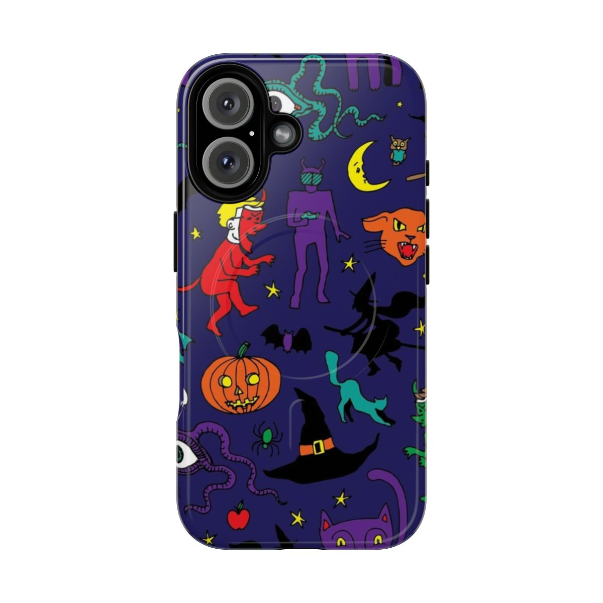 Retro Halloween pattern phone case with ghouls, monsters, witch, and other spooky elements