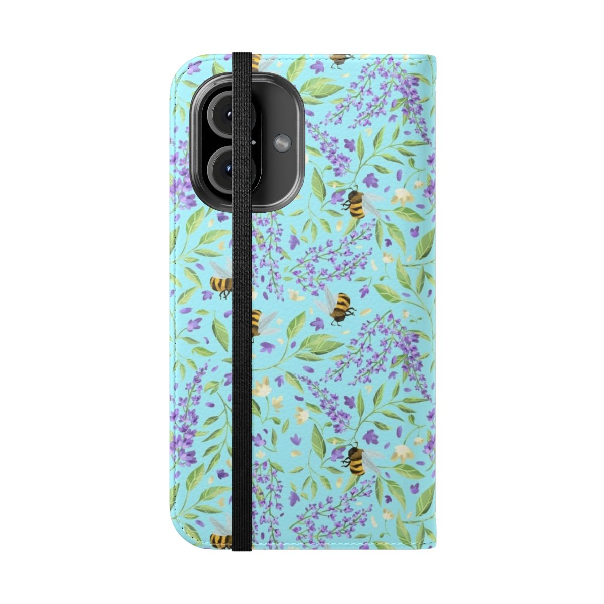 Bees and wisteria floral pattern on a mobile phone flip cover case - Folded Front