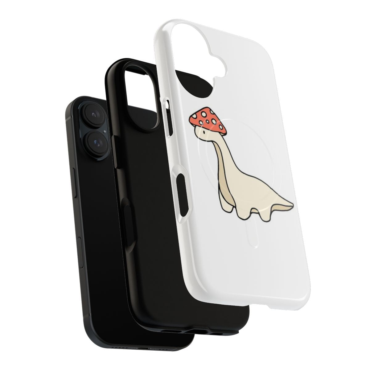 A phone case featuring a cute brontosaurus dinosaur and mushrooms in a simple, whimsical design. - Layers