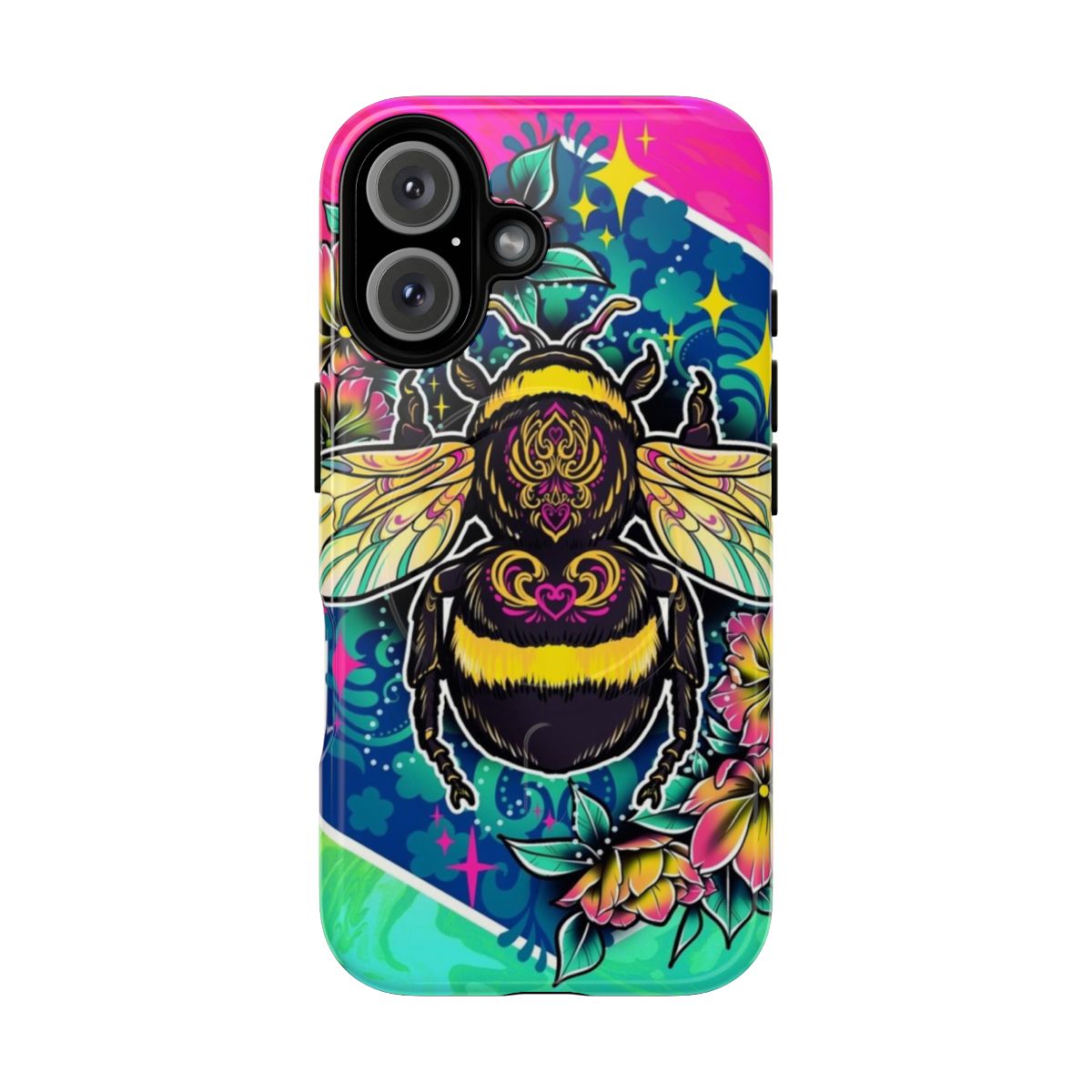 A colorful phone case featuring a digital illustration of a cute bumblebee in a bright, neon-inspired design.