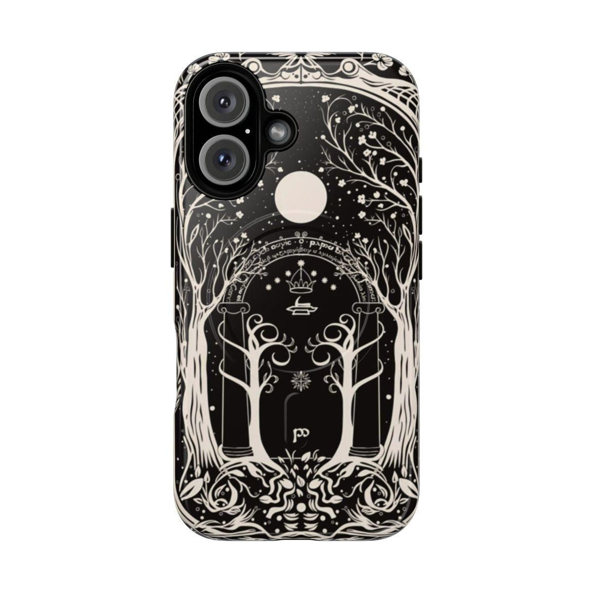 Magnetic phone case with a fantasy gate to Moria design, inspired by the Lord of the Rings universe.