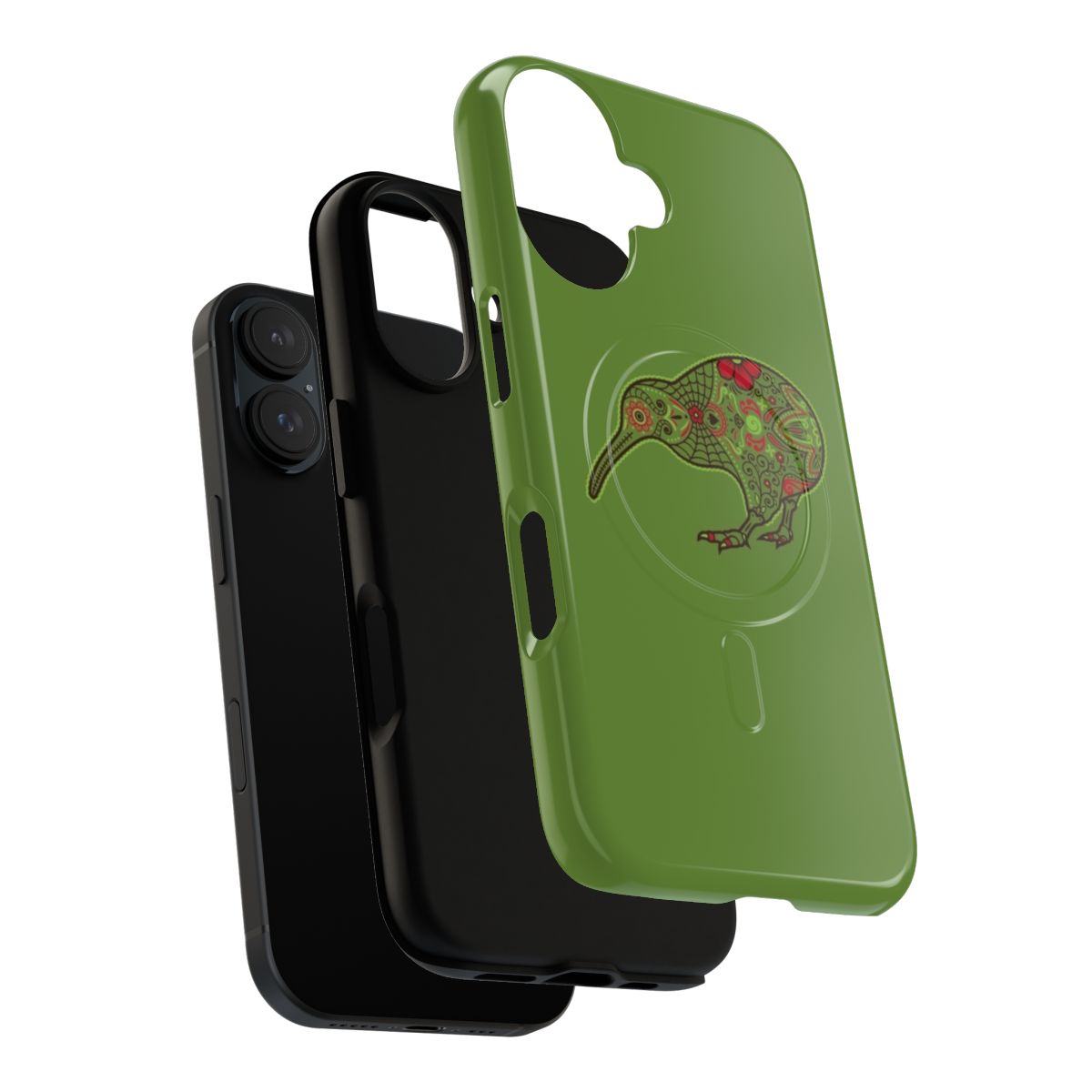 Colorful phone case with a magnetic tough design featuring a day of the dead kiwi bird illustration - Layers