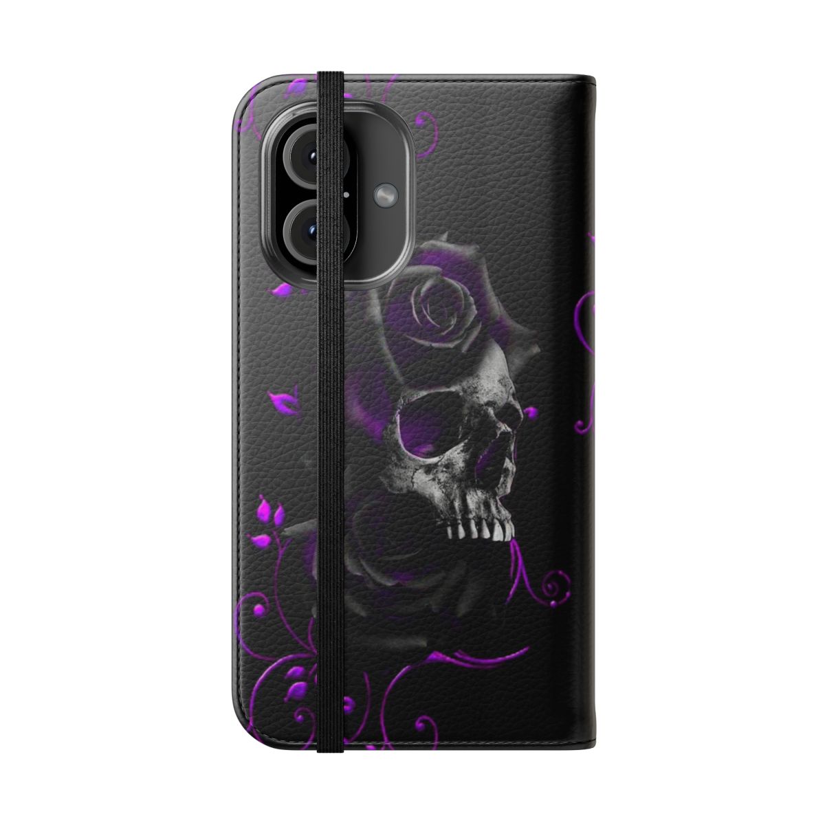 A black phone case with a skull and black and purple roses design - Folded Front