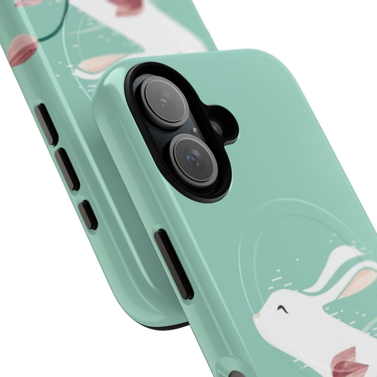 A soft pastel phone case with a resting rabbit and springtime floral design. - Detail