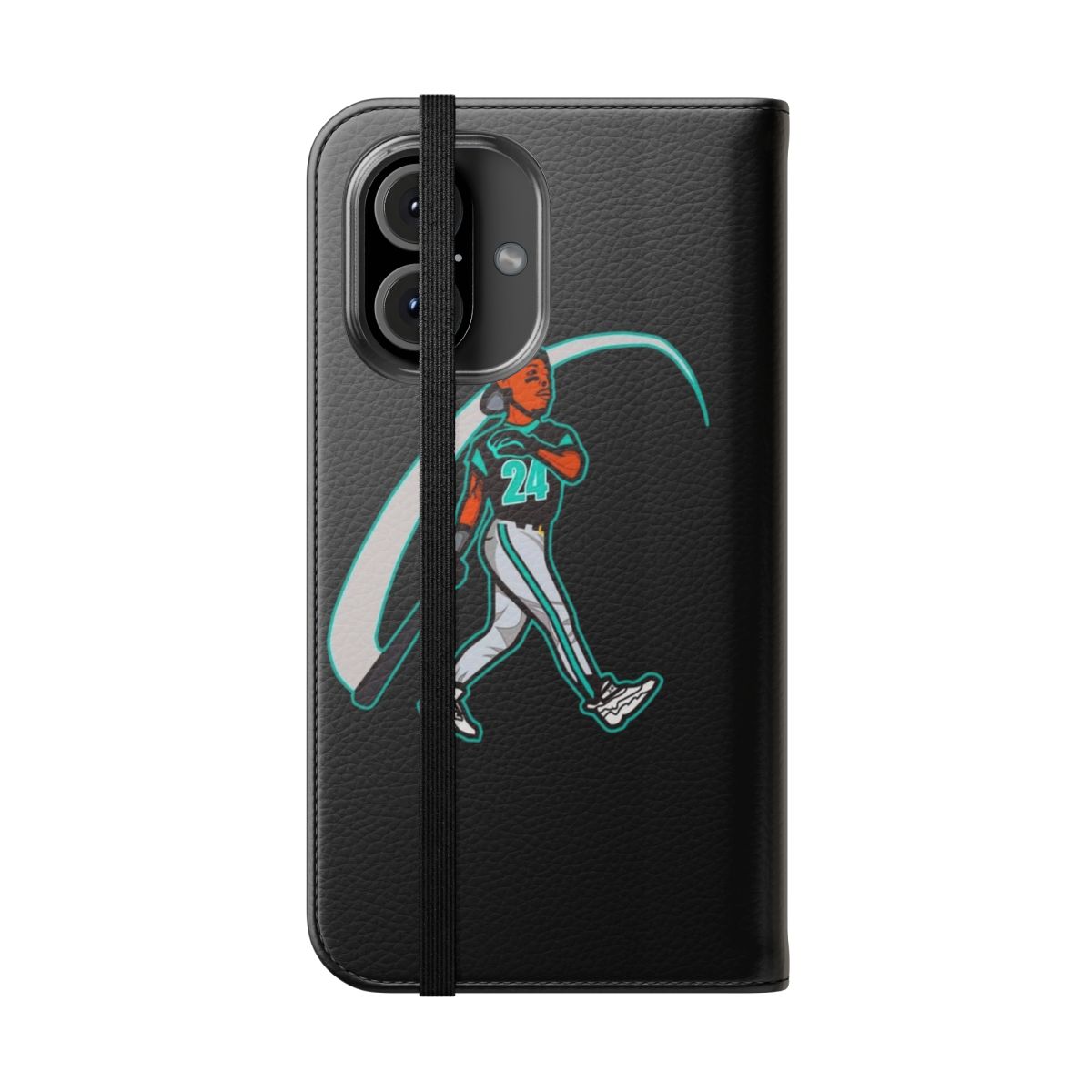 Vintage-inspired flip cover phone case featuring the iconic Ken Griffey Jr. of the Seattle Mariners - Folded Front